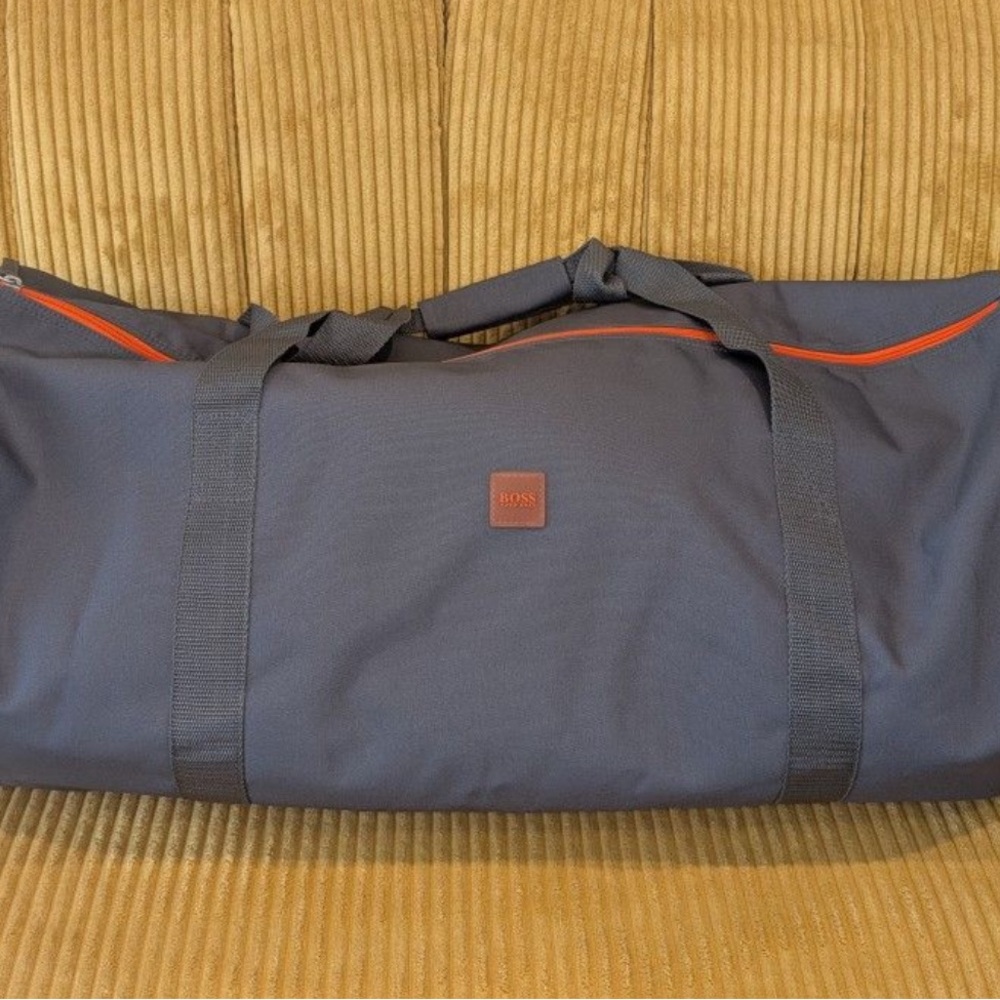 Hugo BOSS Mens Gray Travel Gym Weekender Duffle  Bag 20" Orange LOGO